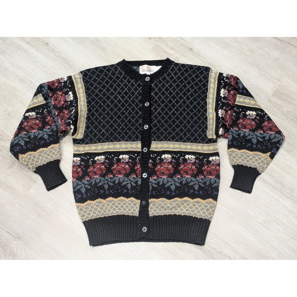 Vintage Sweater Womens Medium Black Floral Cardigan 80s Granny Grammacore